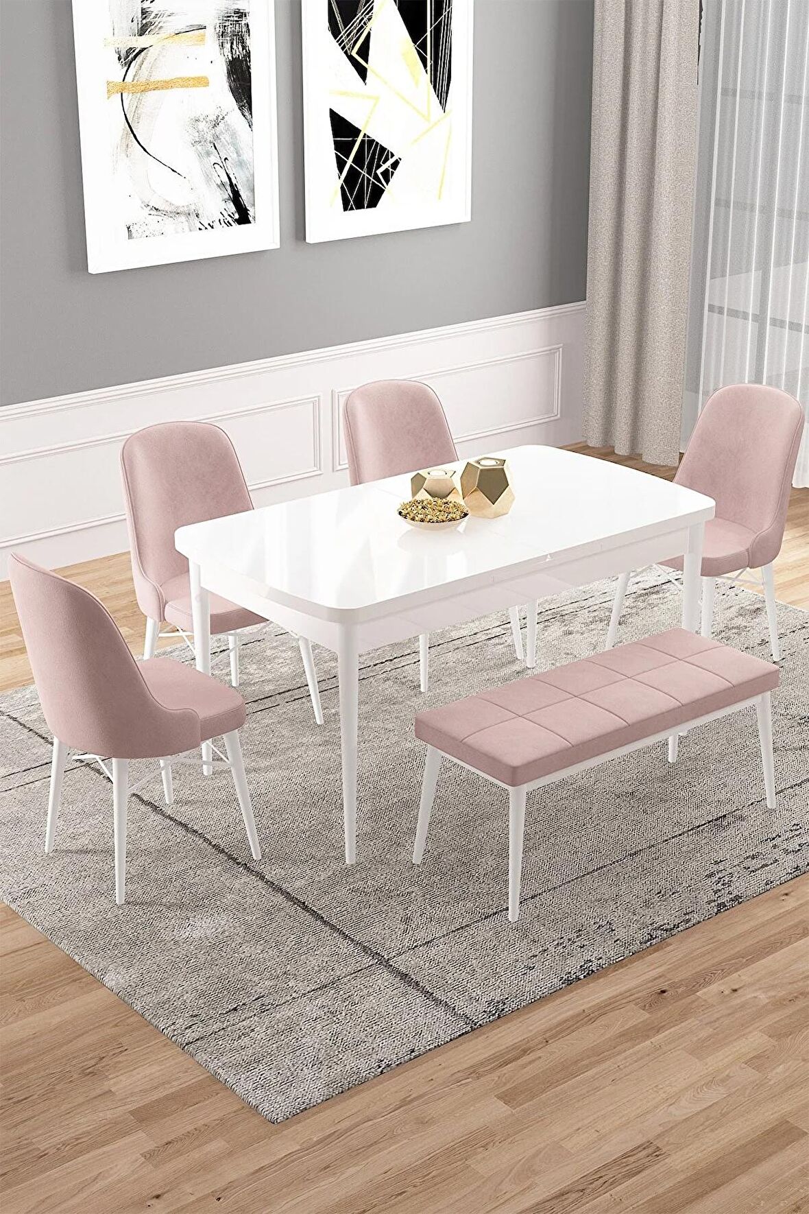 Rovena Vals Beyaz 80x132 Açılabilir Mdf Mutfak Masası Takımı 4 Adet Sandalye+1 Bench