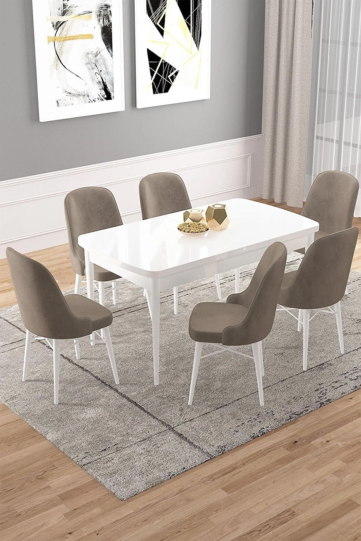 Rovena Vals Beyaz 80x132 Açılabilir Mdf Mutfak Masası Takımı 6 Adet Sandalye