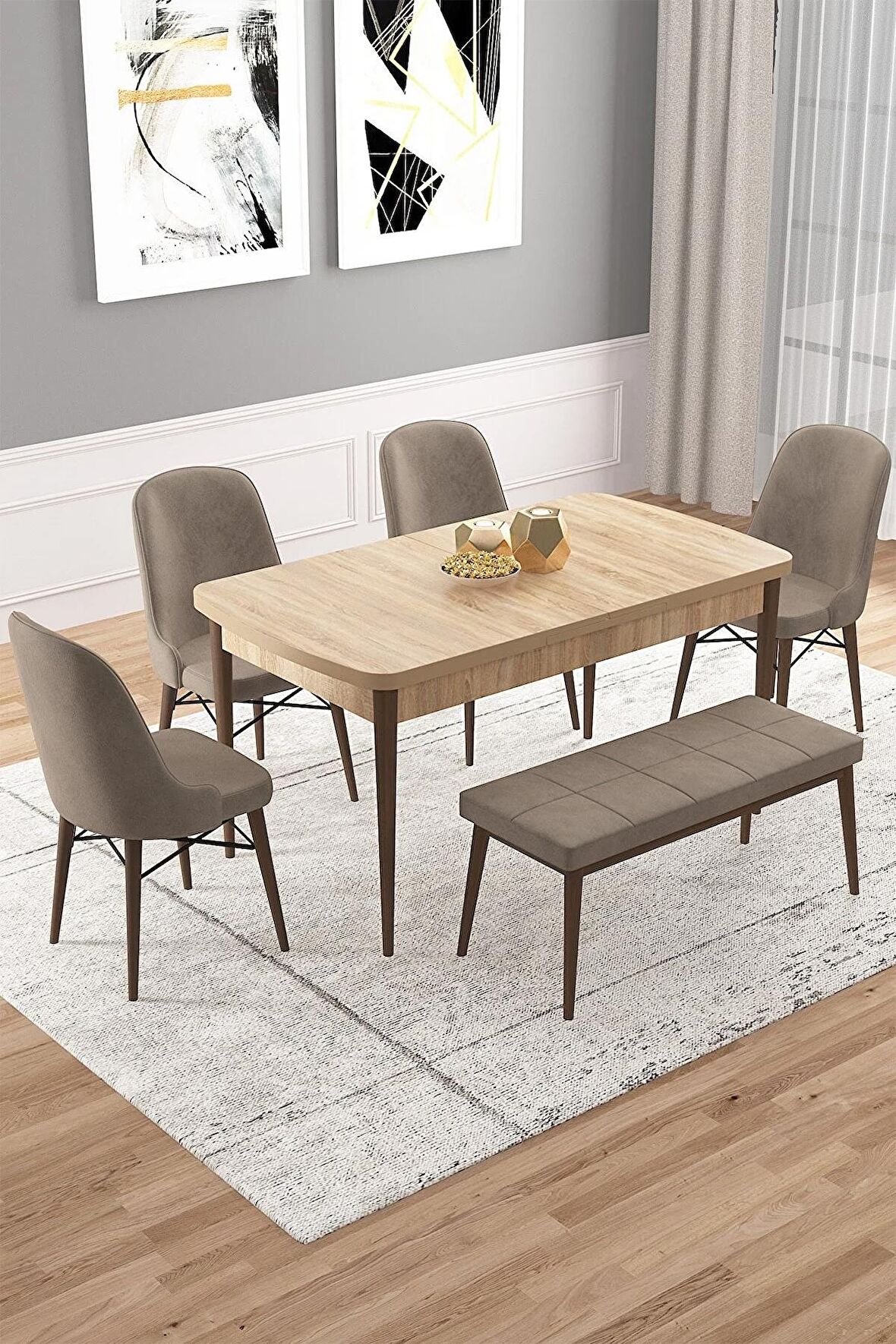 Rovena Vals Meşe 80x132 Açılabilir Mdf Mutfak Masası Takımı 4 Adet Sandalye+1 Bench