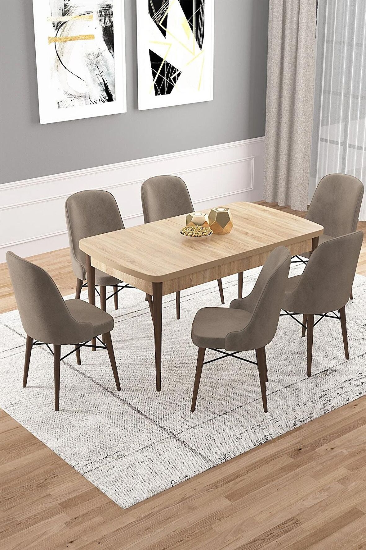 Rovena Vals Meşe 80x132 Açılabilir Mdf Mutfak Masası Takımı 6 Adet Sandalye