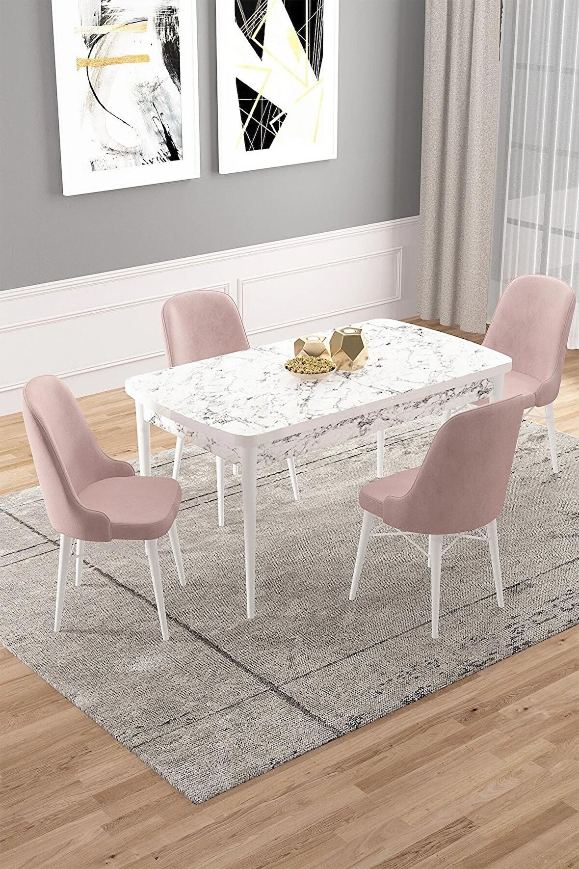 Rovena Vals Beyaz Mermer 80x132 Açılabilir Mdf Mutfak Masası Takımı 4 Adet Sandalye