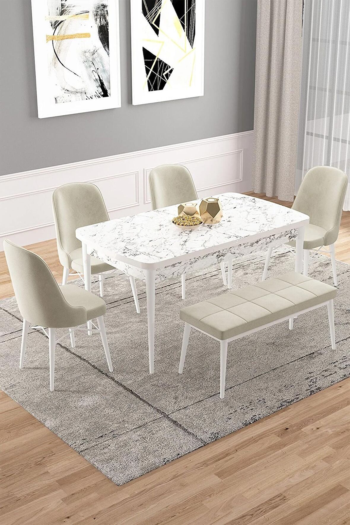 Rovena Vals Beyaz Mermer 80x132 Açılabilir Mdf Mutfak Masası Takımı 4 Adet Sandalye+1 Bench