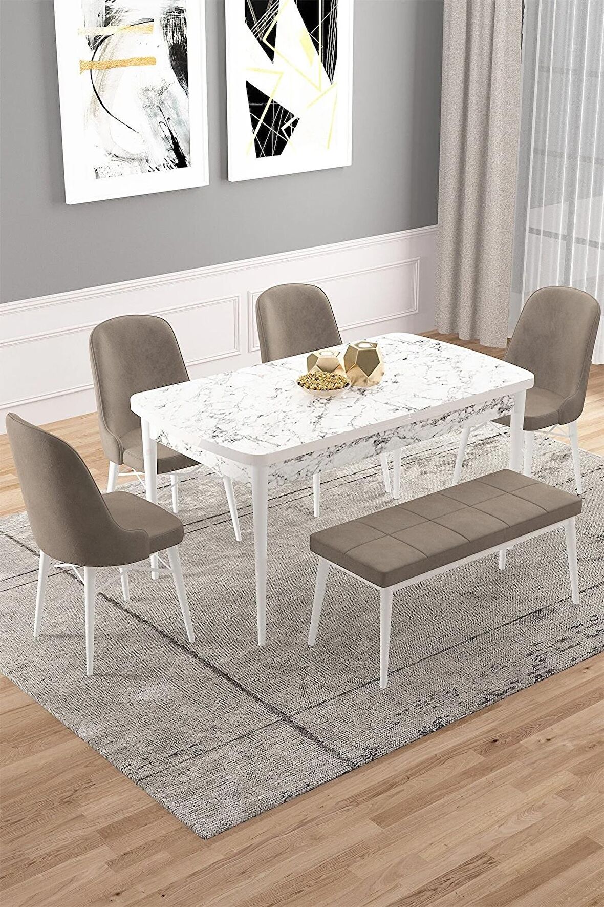 Rovena Vals Beyaz Mermer 80x132 Açılabilir Mdf Mutfak Masası Takımı 4 Adet Sandalye+1 Bench