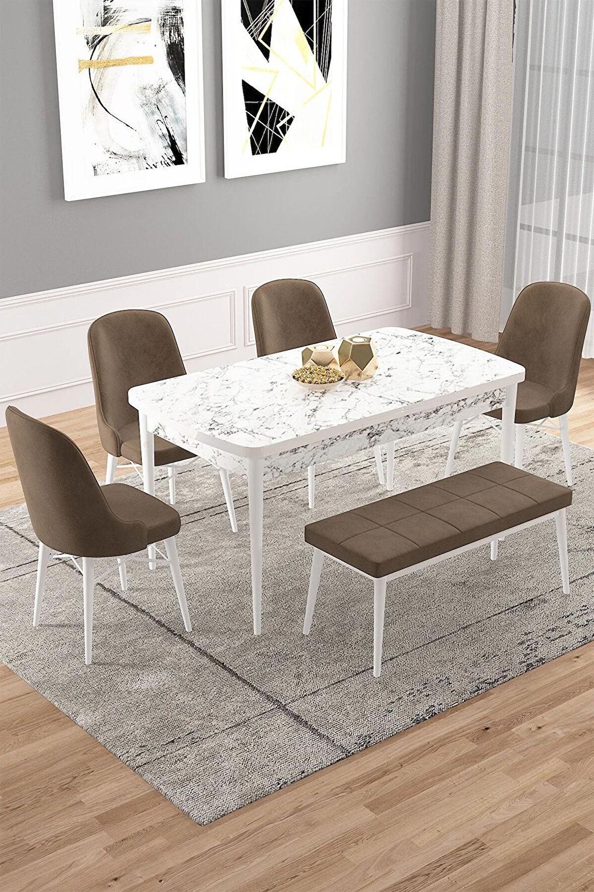 Rovena Vals Beyaz Mermer 80x132 Açılabilir Mdf Mutfak Masası Takımı 4 Adet Sandalye+1 Bench