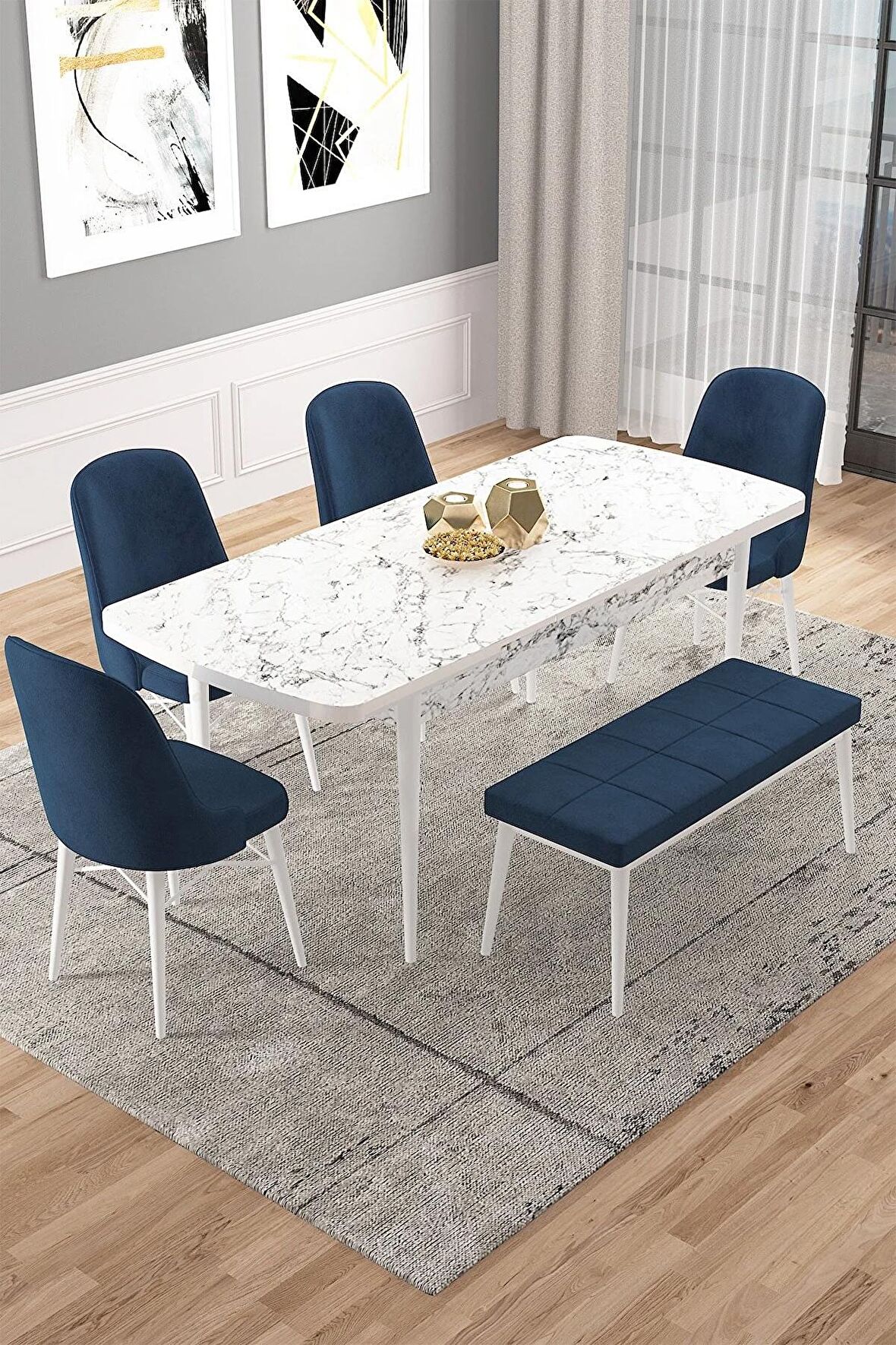 Rovena Vals Beyaz Mermer 80x132 Açılabilir Mdf Mutfak Masası Takımı 4 Adet Sandalye+1 Bench