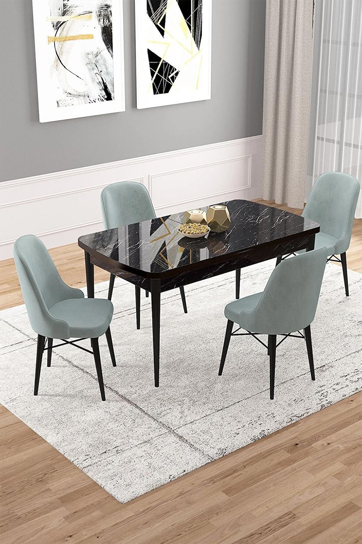 Rovena Vals Siyah Mermer 80x132 Açılabilir Mdf Mutfak Masası Takımı 4 Adet Sandalye