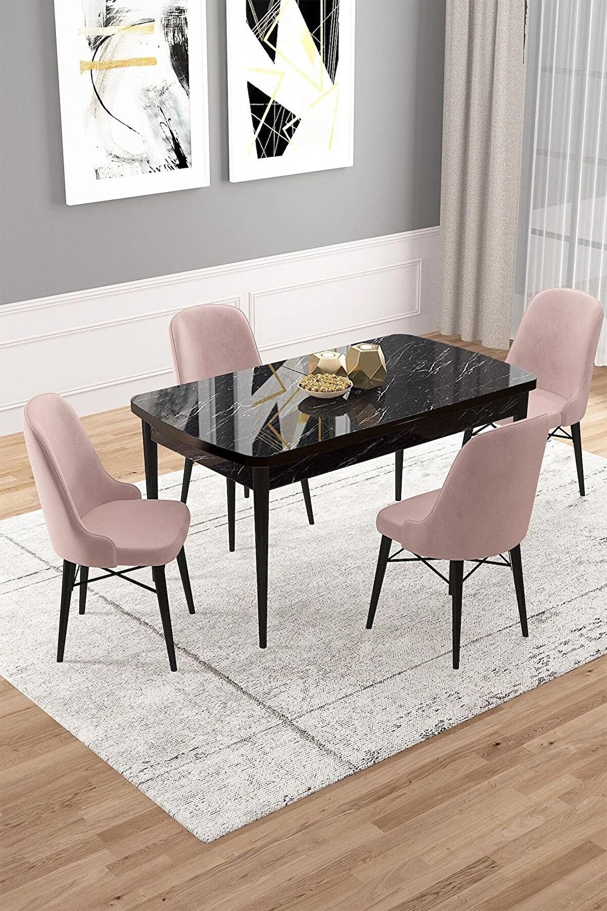 Rovena Vals Siyah Mermer 80x132 Açılabilir Mdf Mutfak Masası Takımı 4 Adet Sandalye