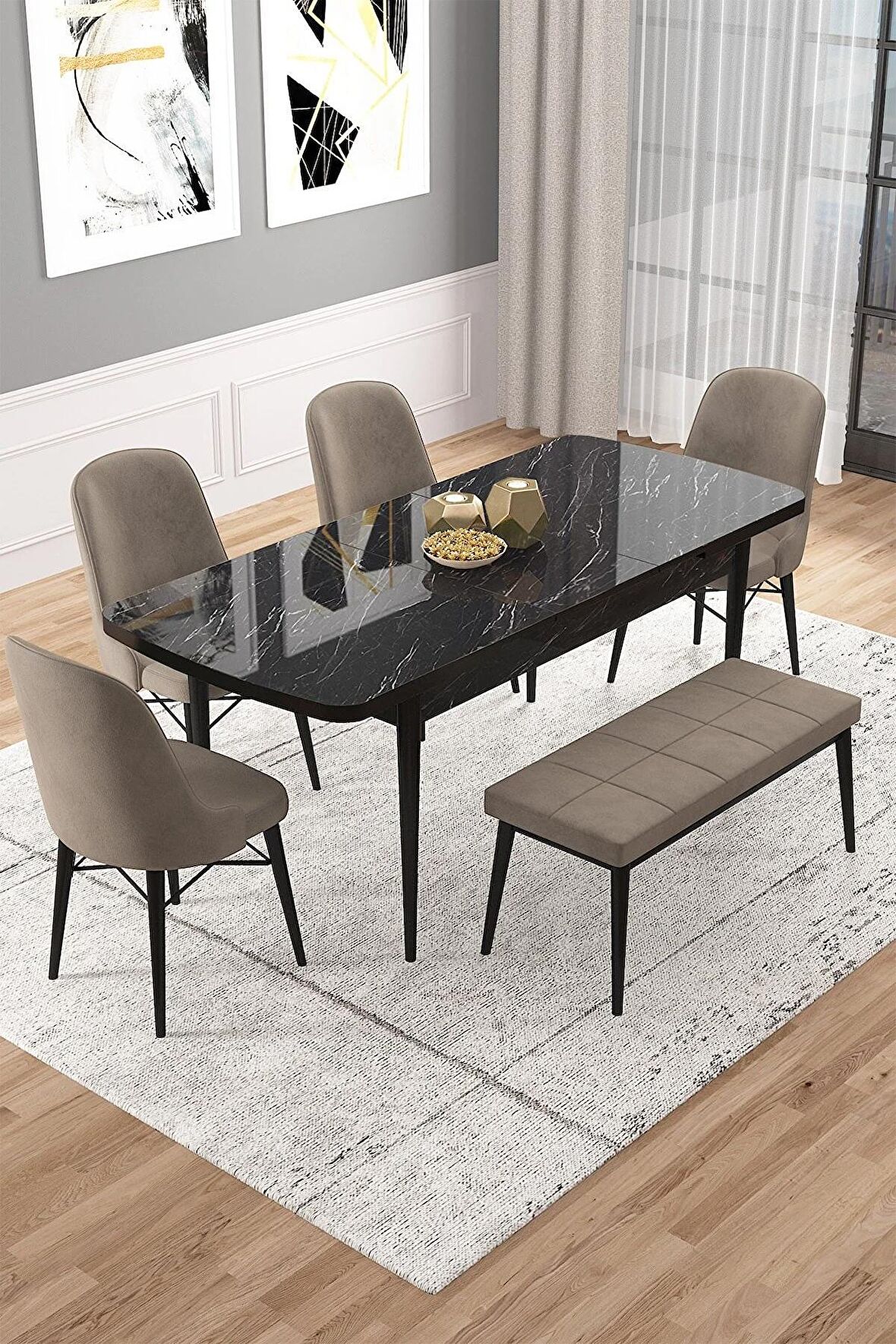 Rovena Vals Siyah Mermer 80x132 Açılabilir Mdf Mutfak Masası Takımı 4 Adet Sandalye+1 Bench