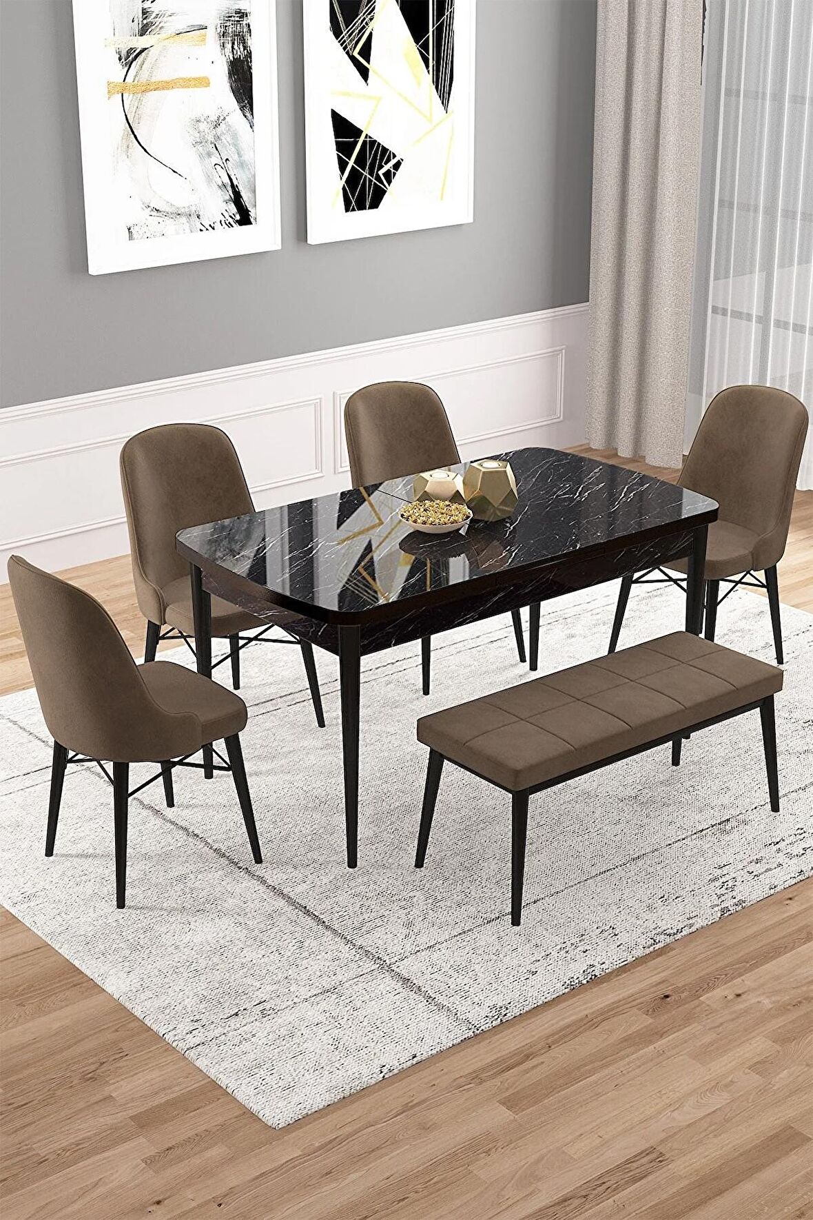 Rovena Vals Siyah Mermer 80x132 Açılabilir Mdf Mutfak Masası Takımı 4 Adet Sandalye+1 Bench