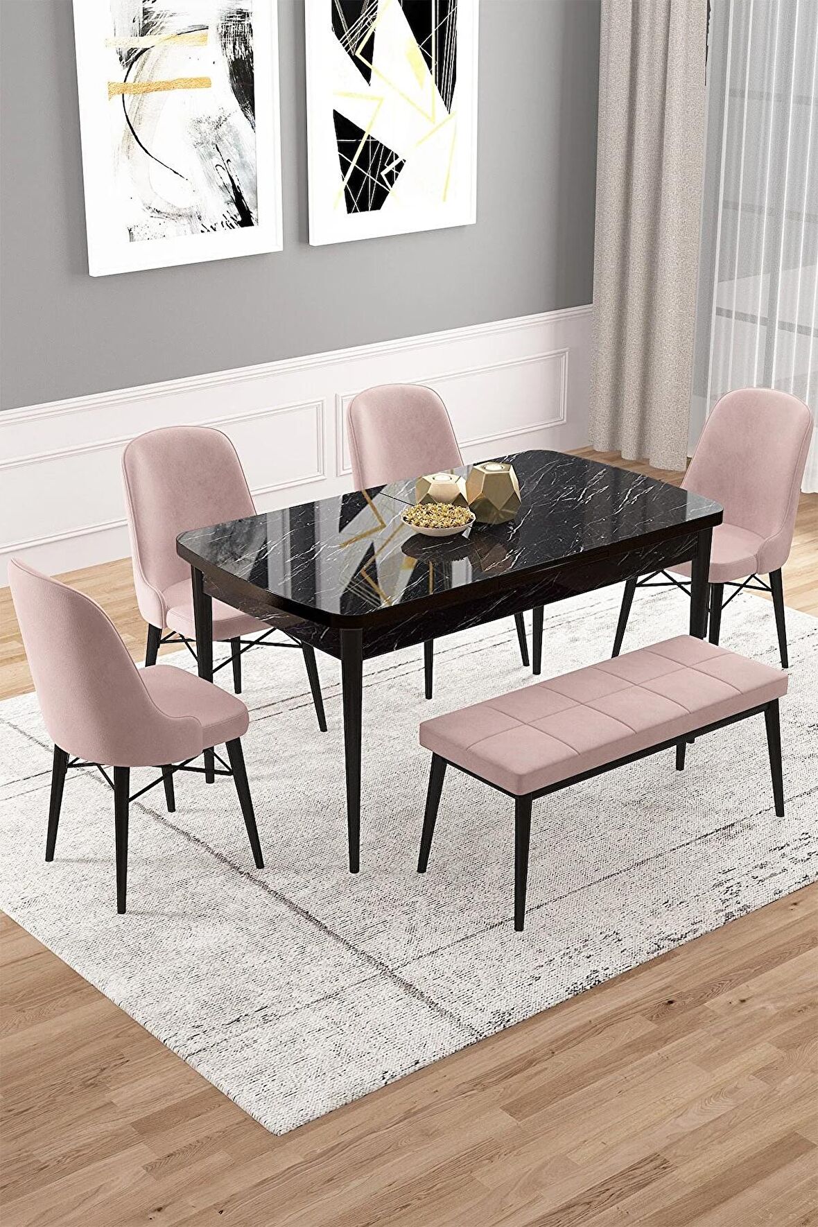 Rovena Vals Siyah Mermer 80x132 Açılabilir Mdf Mutfak Masası Takımı 4 Adet Sandalye+1 Bench