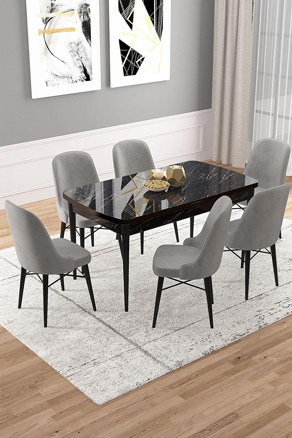 Rovena Vals Siyah Mermer 80x132 Açılabilir Mdf Mutfak Masası Takımı 6 Adet Sandalye