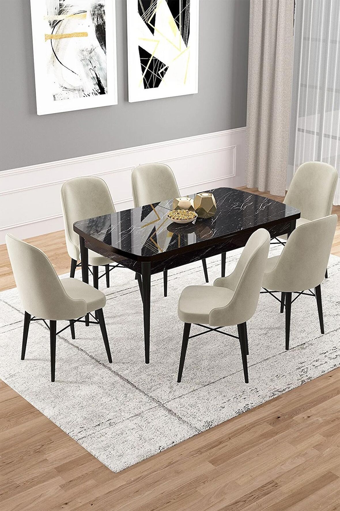 Rovena Vals Siyah Mermer 80x132 Açılabilir Mdf Mutfak Masası Takımı 6 Adet Sandalye