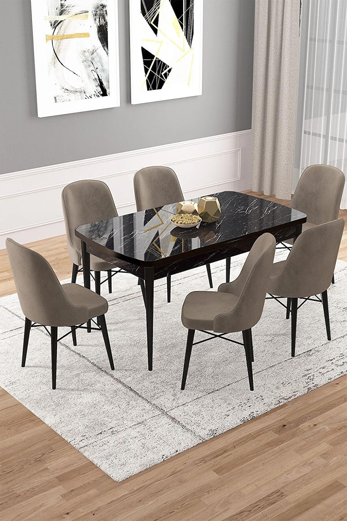 Rovena Vals Siyah Mermer 80x132 Açılabilir Mdf Mutfak Masası Takımı 6 Adet Sandalye