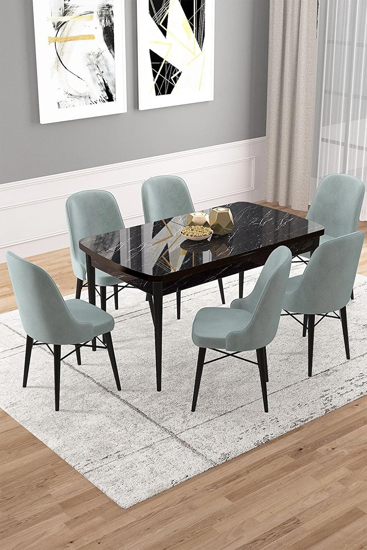 Rovena Vals Siyah Mermer 80x132 Açılabilir Mdf Mutfak Masası Takımı 6 Adet Sandalye