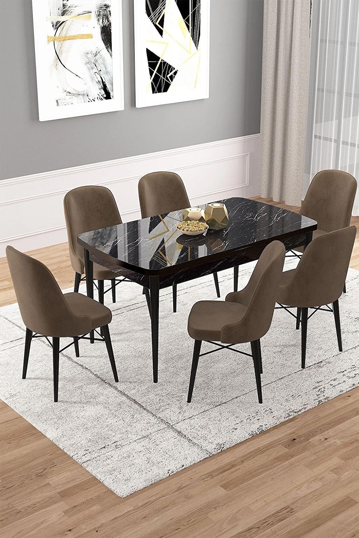 Rovena Vals Siyah Mermer 80x132 Açılabilir Mdf Mutfak Masası Takımı 6 Adet Sandalye