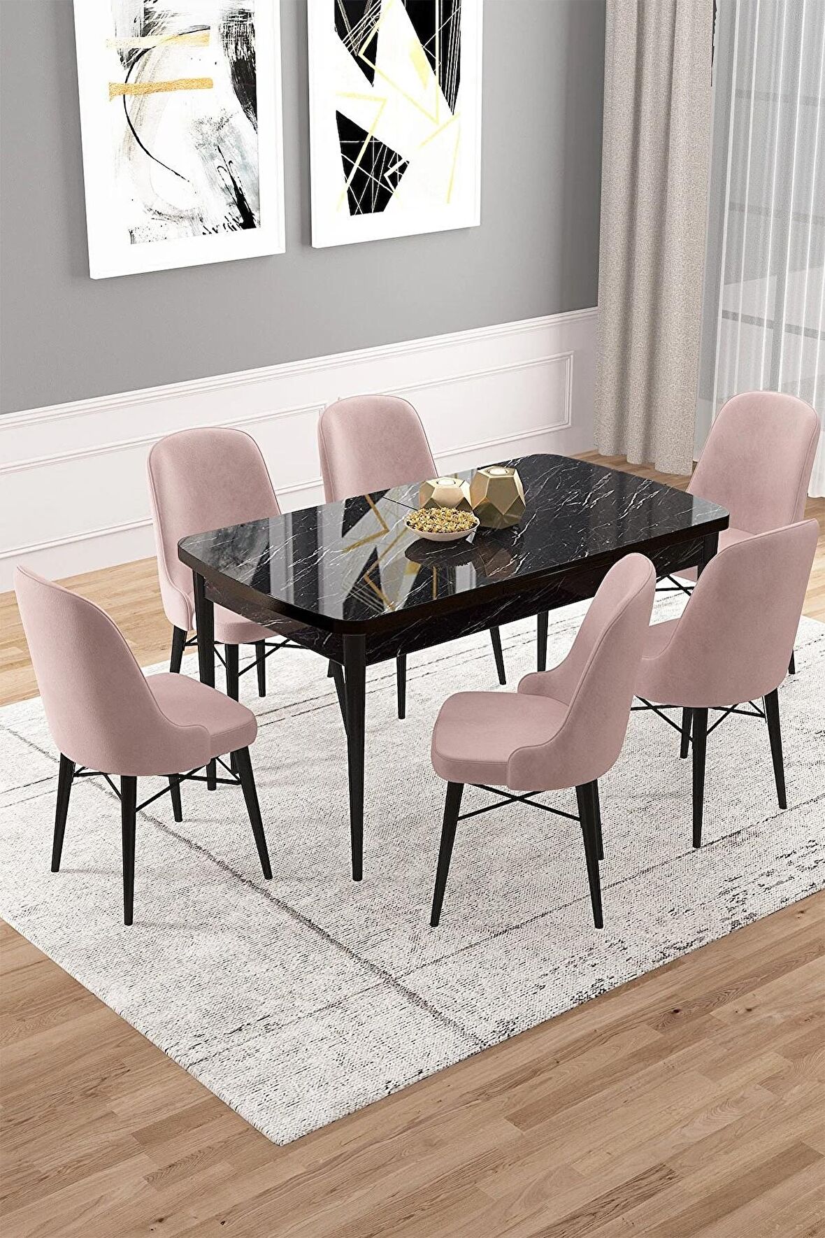 Rovena Vals Siyah Mermer 80x132 Açılabilir Mdf Mutfak Masası Takımı 6 Adet Sandalye