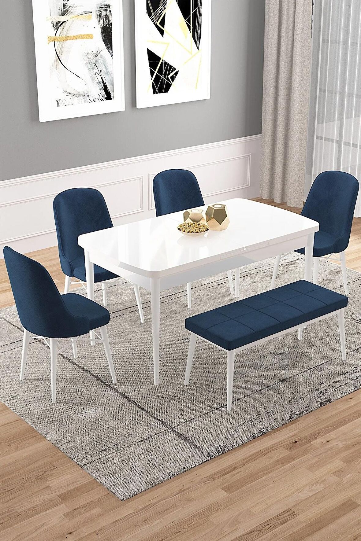 Rovena Armin Beyaz 80x132 Açılabilir Mdf Mutfak Masası Takımı 4 Adet Sandalye+1 Bench