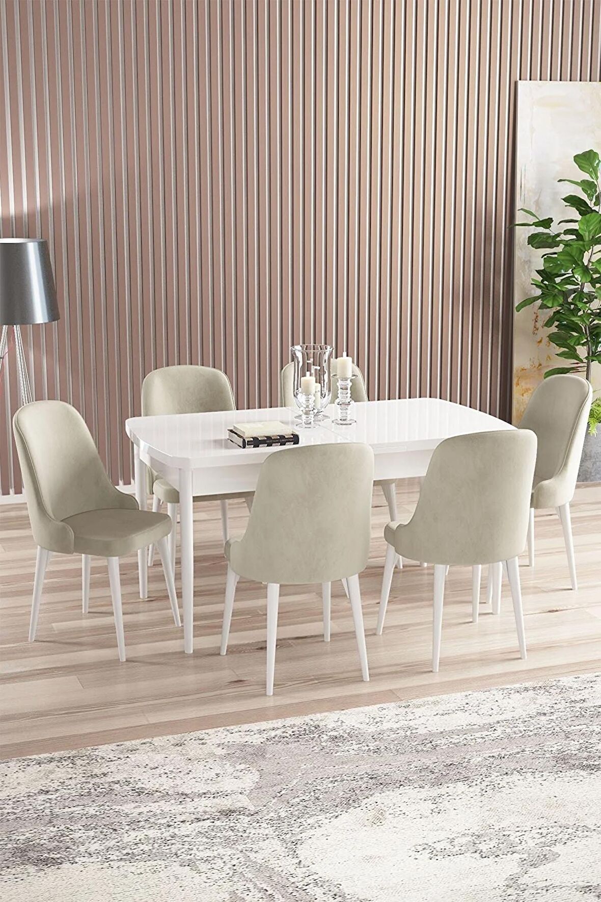 Rovena Armin Beyaz 80x132 Açılabilir Mdf Mutfak Masası Takımı 6 Adet Sandalye