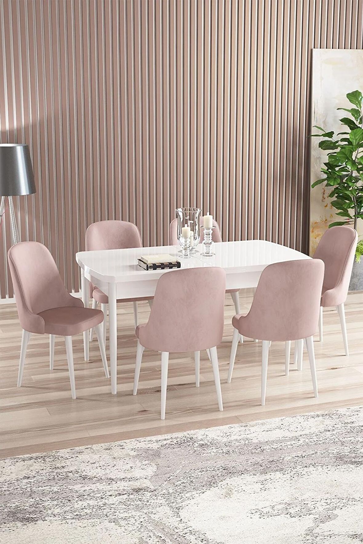 Rovena Armin Beyaz 80x132 Açılabilir Mdf Mutfak Masası Takımı 6 Adet Sandalye