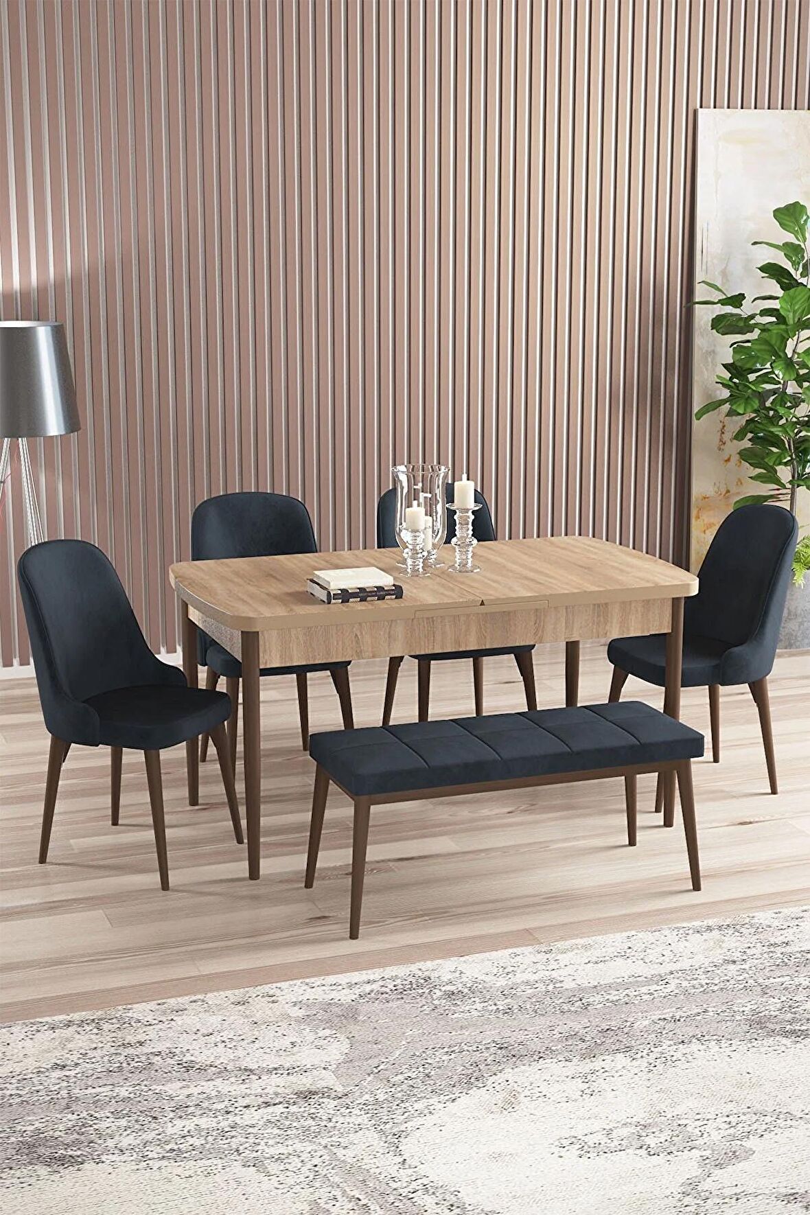 Rovena Armin Meşe 80x132 Açılabilir Mdf Mutfak Masası Takımı 4 Adet Sandalye+1 Bench