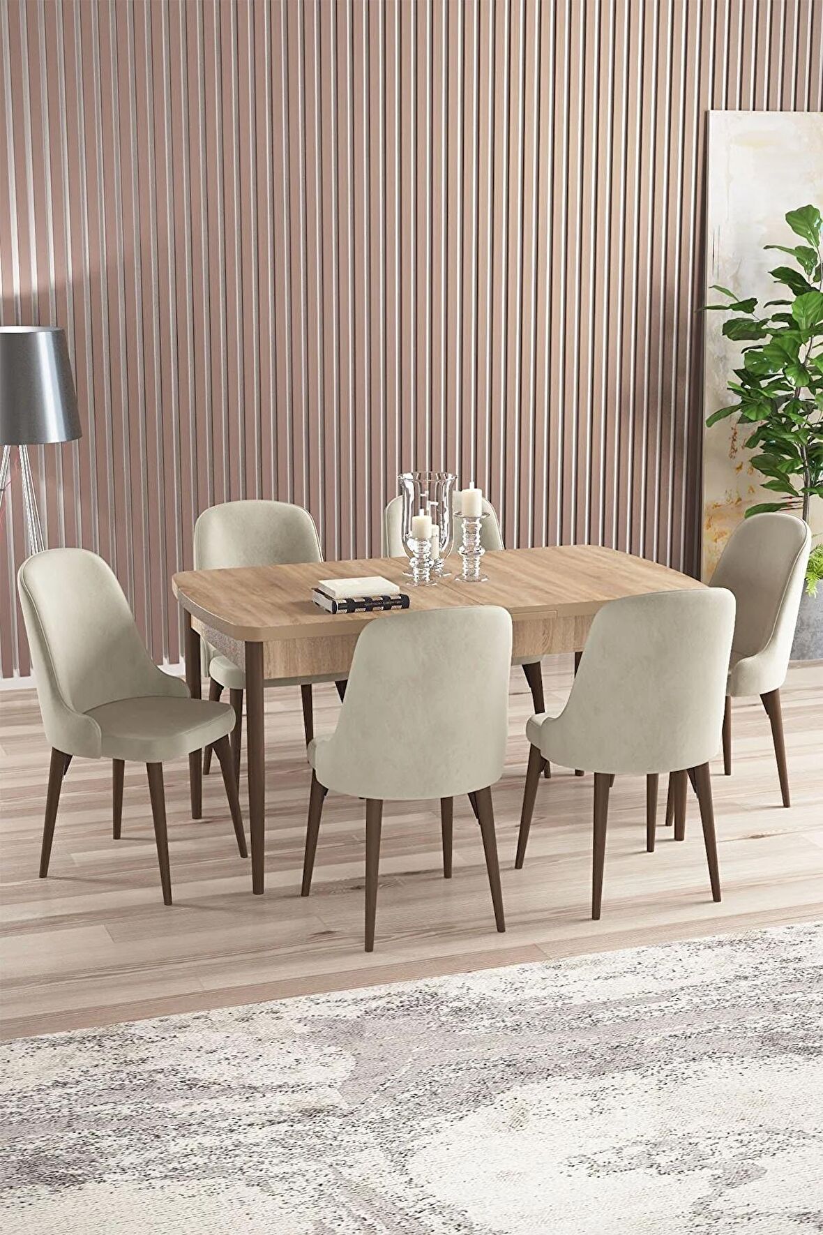 Rovena Armin Meşe 80x132 Açılabilir Mdf Mutfak Masası Takımı 6 Adet Sandalye