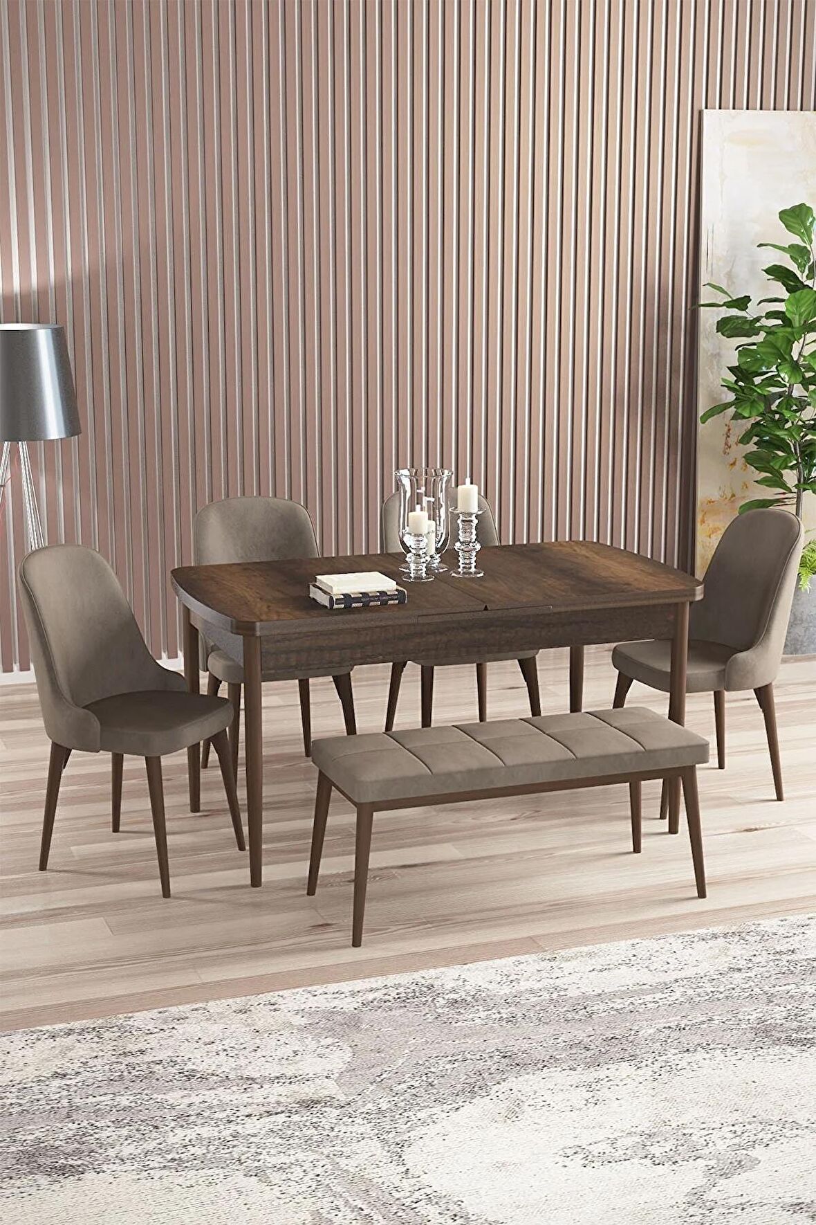 Rovena Armin Barok 80x132 Açılabilir Mdf Mutfak Masası Takımı 4 Adet Sandalye+1 Bench