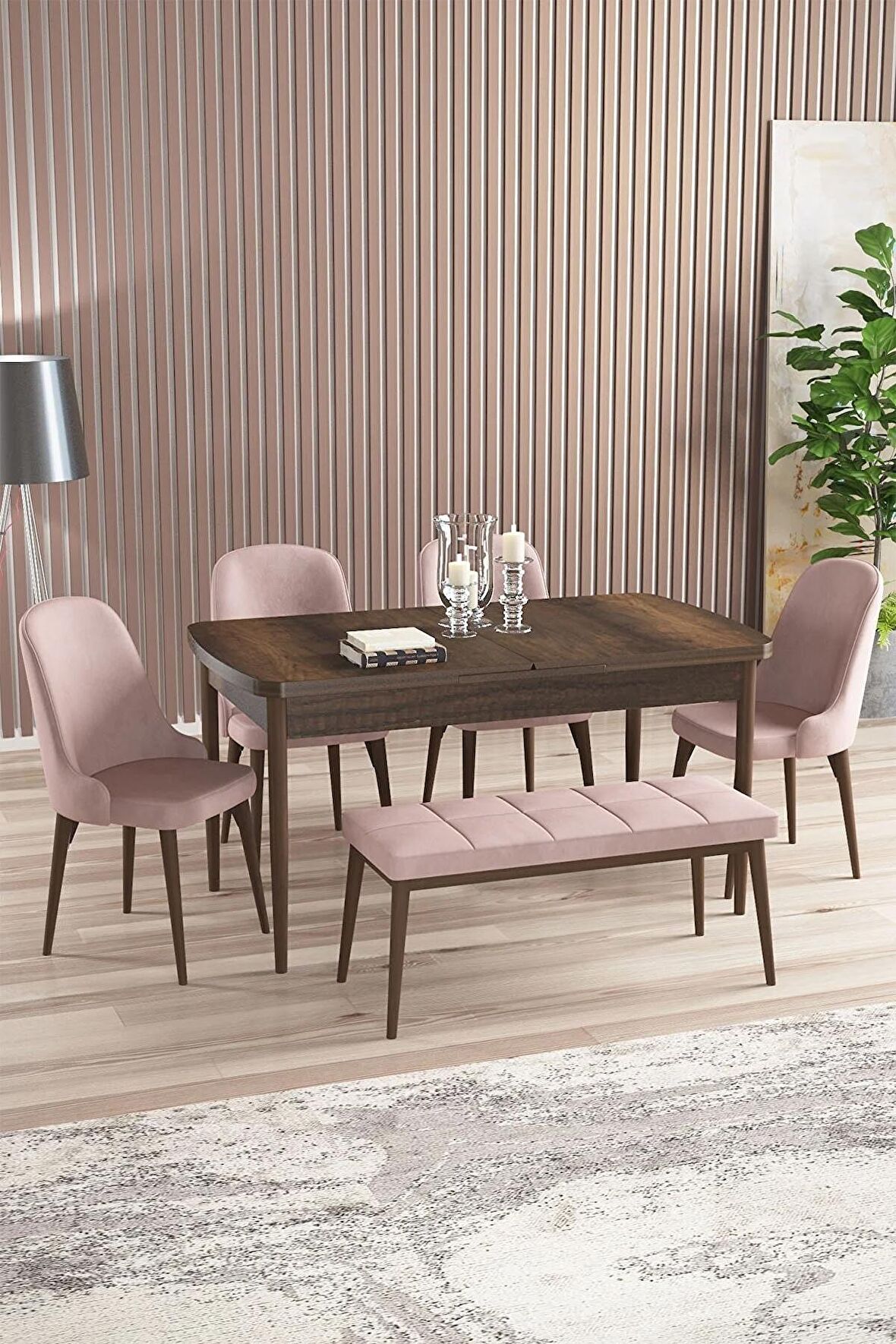 Rovena Armin Barok 80x132 Açılabilir Mdf Mutfak Masası Takımı 4 Adet Sandalye+1 Bench