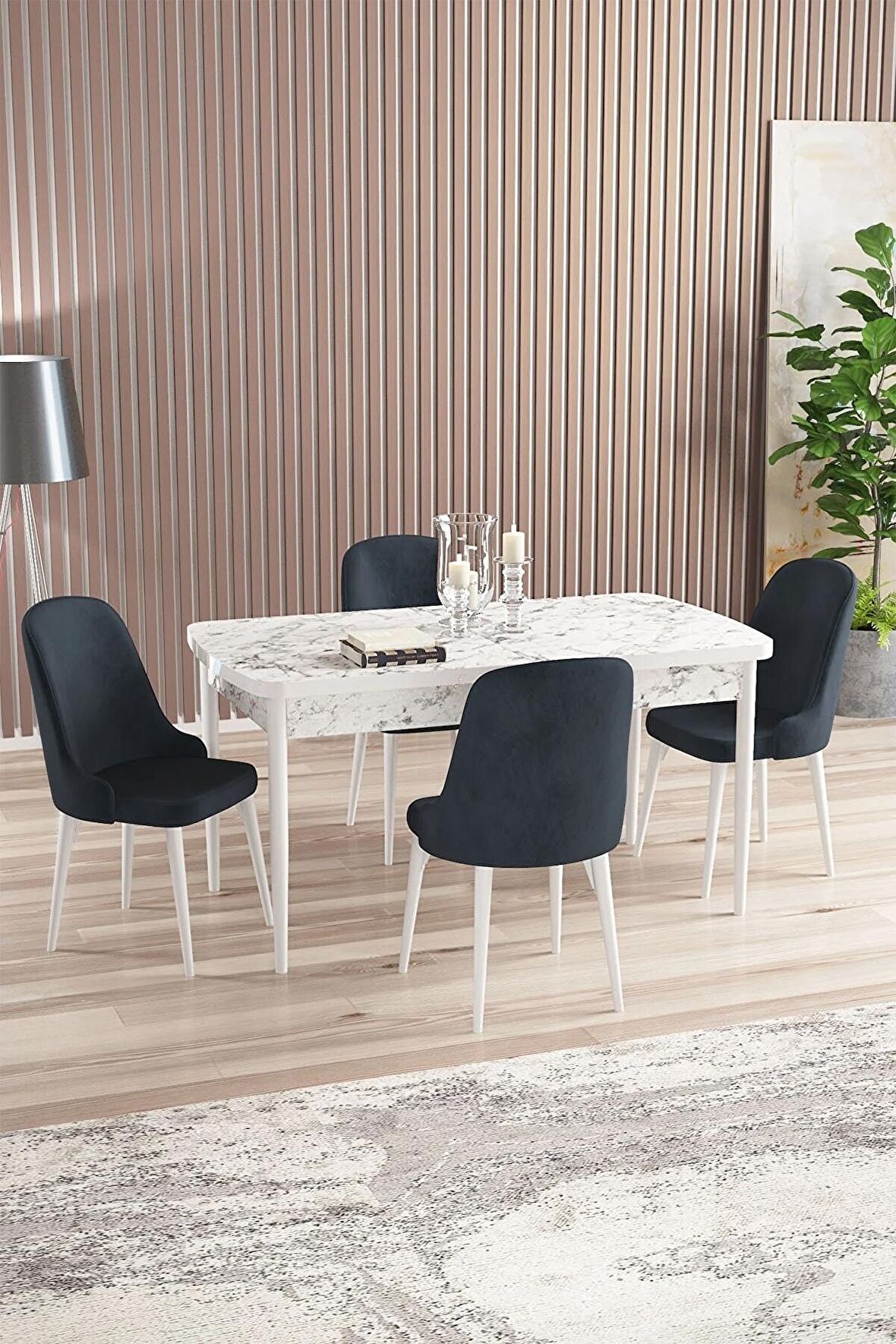 Rovena Armin Beyaz Mermer 80x132 Açılabilir Mdf Mutfak Masası Takımı 4 Adet Sandalye