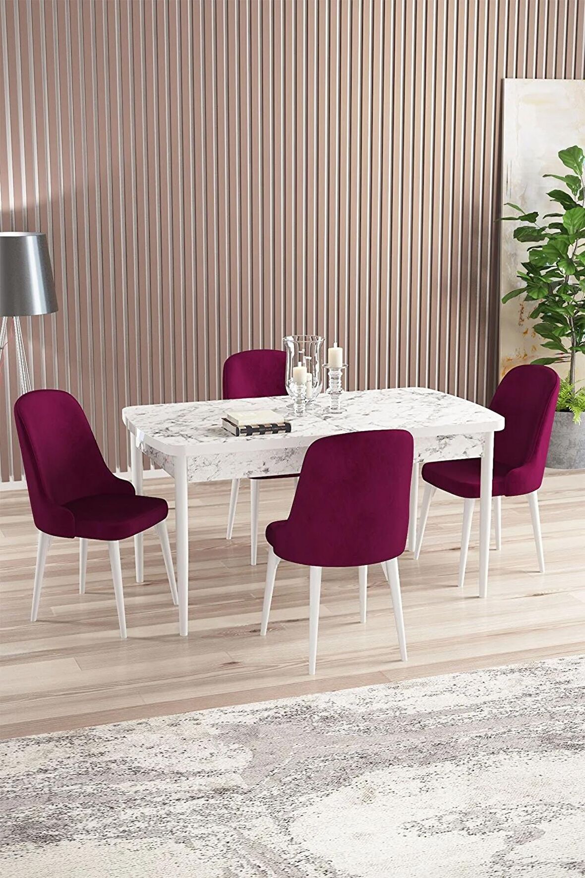 Rovena Armin Beyaz Mermer 80x132 Açılabilir Mdf Mutfak Masası Takımı 4 Adet Sandalye