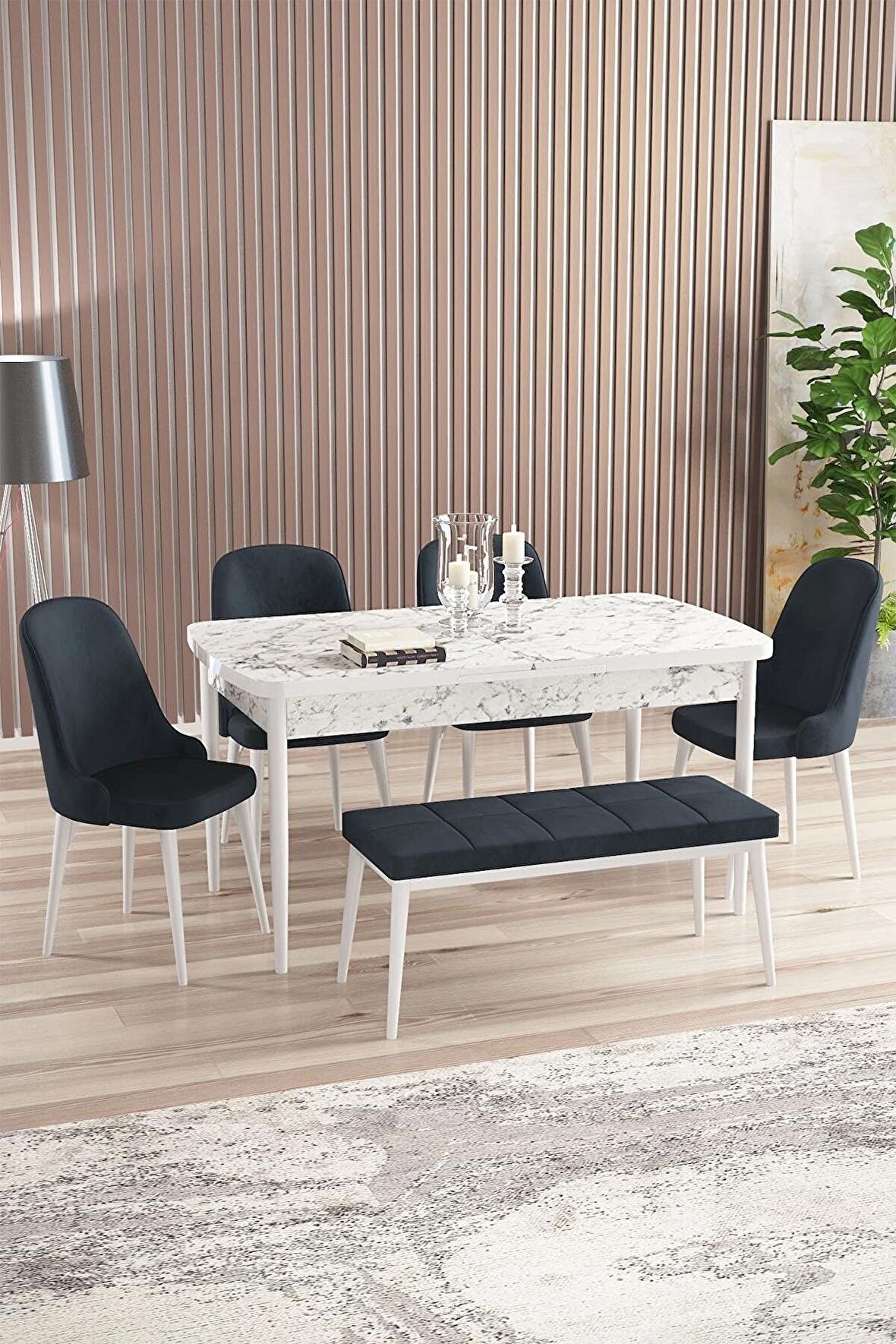 Rovena Armin Beyaz Mermer 80x132 Açılabilir Mdf Mutfak Masası Takımı 4 Adet Sandalye+1 Bench