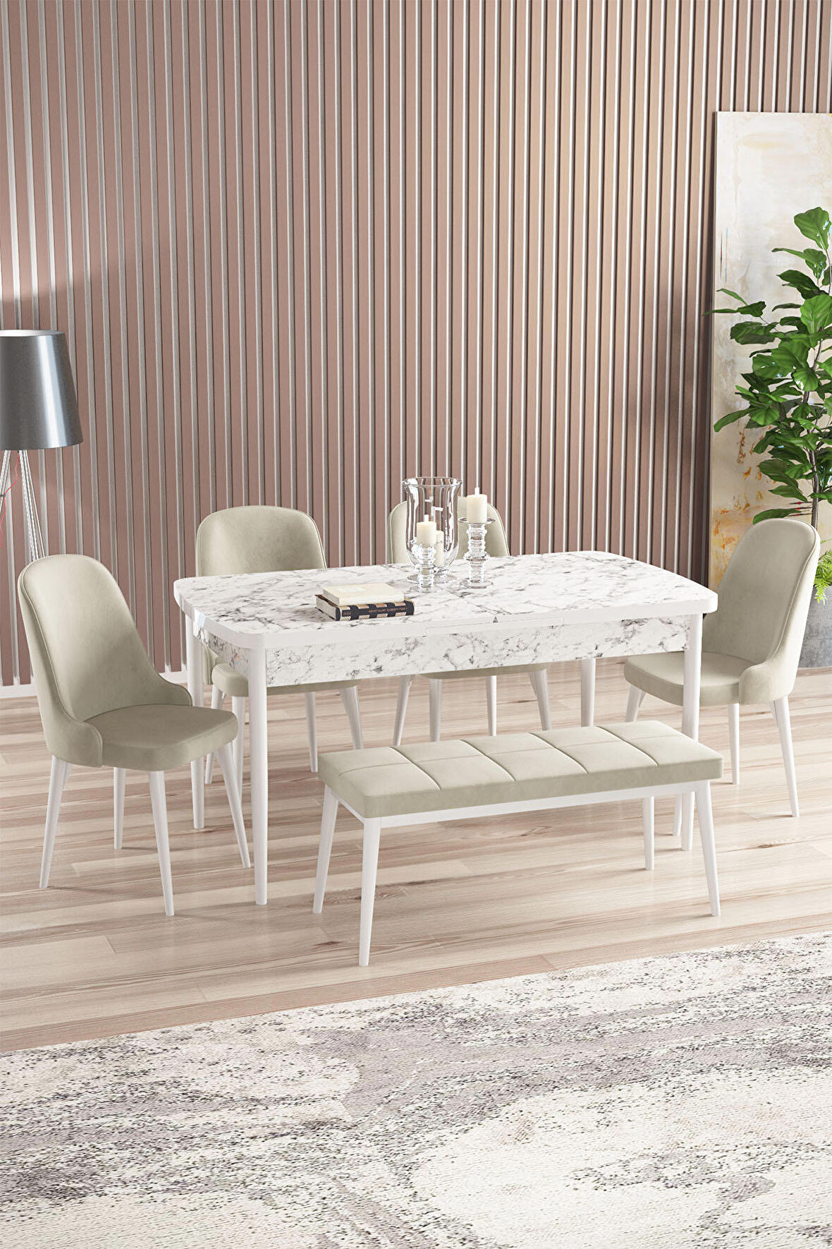 Rovena Armin Beyaz Mermer 80x132 Açılabilir Mdf Mutfak Masası Takımı 4 Adet Sandalye+1 Bench