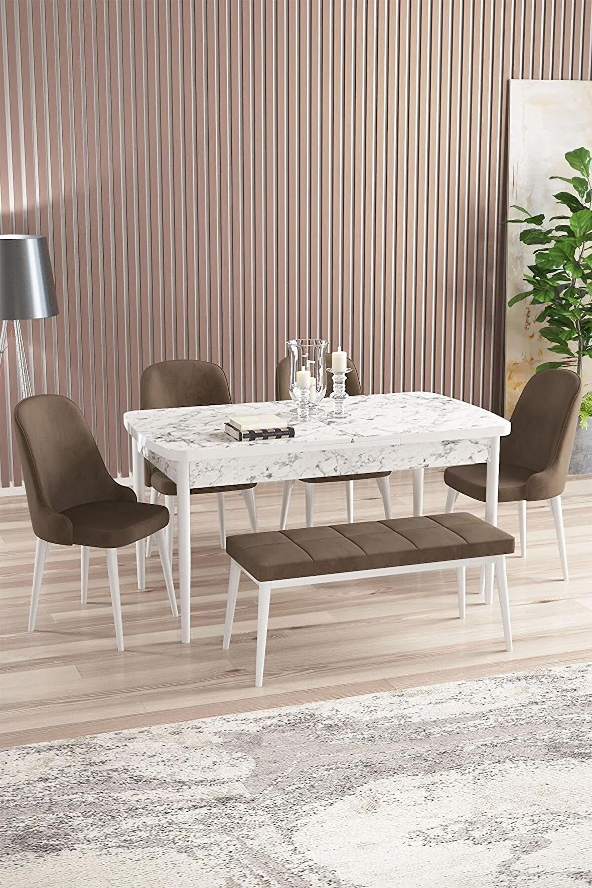 Rovena Armin Beyaz Mermer 80x132 Açılabilir Mdf Mutfak Masası Takımı 4 Adet Sandalye+1 Bench