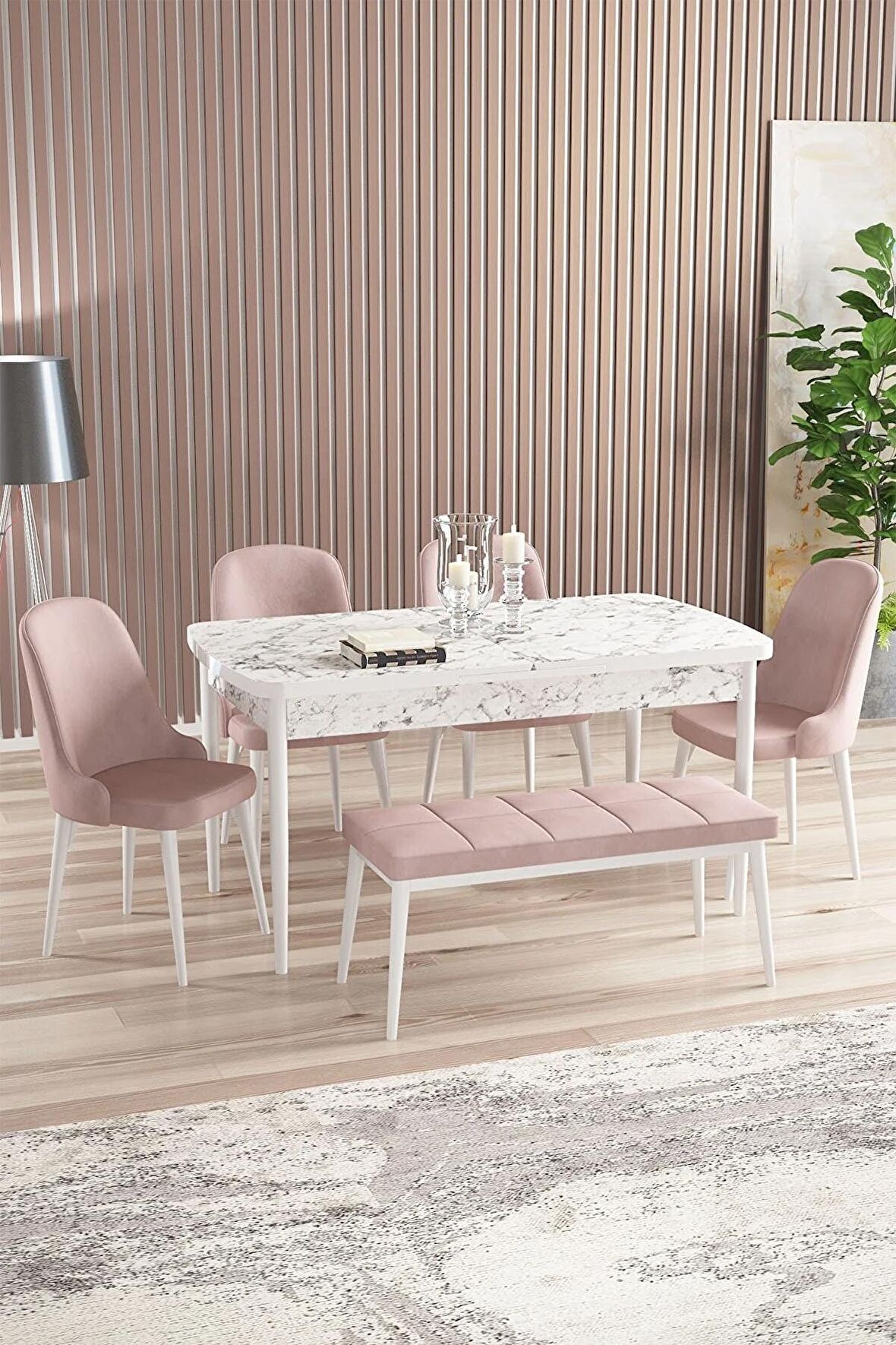 Rovena Armin Beyaz Mermer 80x132 Açılabilir Mdf Mutfak Masası Takımı 4 Adet Sandalye+1 Bench