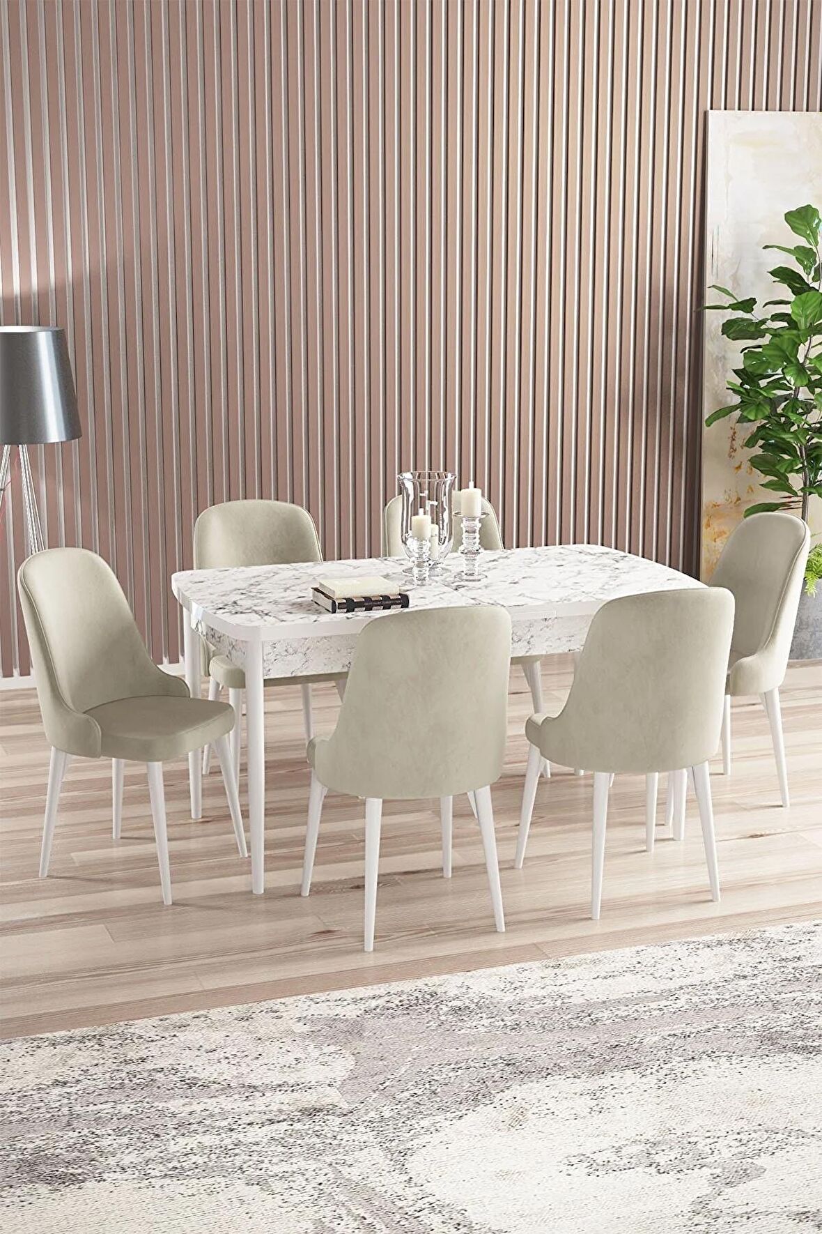 Rovena Armin Beyaz Mermer 80x132 Açılabilir Mdf Mutfak Masası Takımı 6 Adet Sandalye