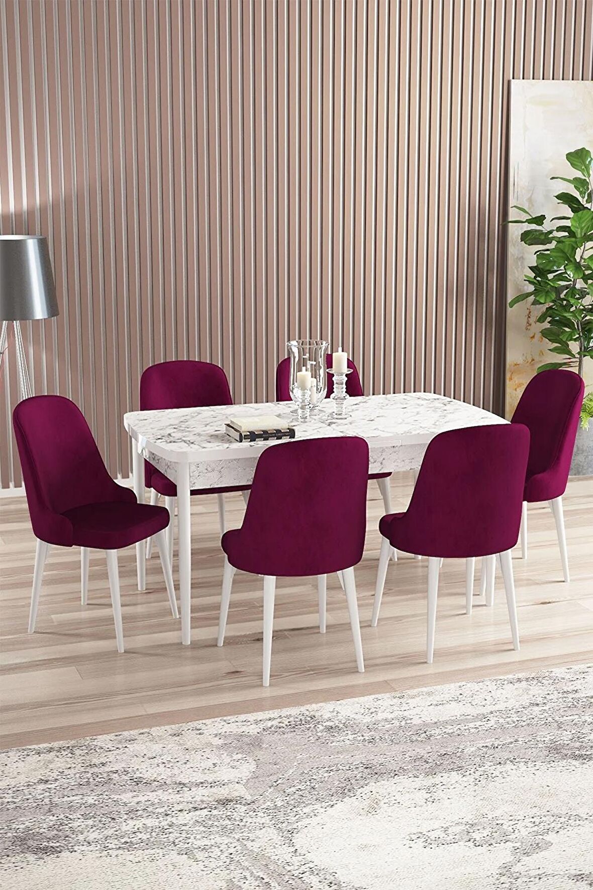 Rovena Armin Beyaz Mermer 80x132 Açılabilir Mdf Mutfak Masası Takımı 6 Adet Sandalye