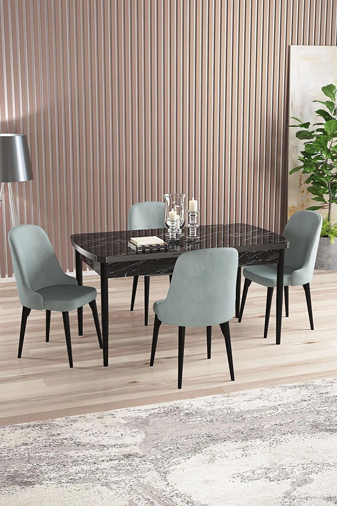 Rovena Armin Siyah Mermer 80x132 Açılabilir Mdf Mutfak Masası Takımı 4 Adet Sandalye