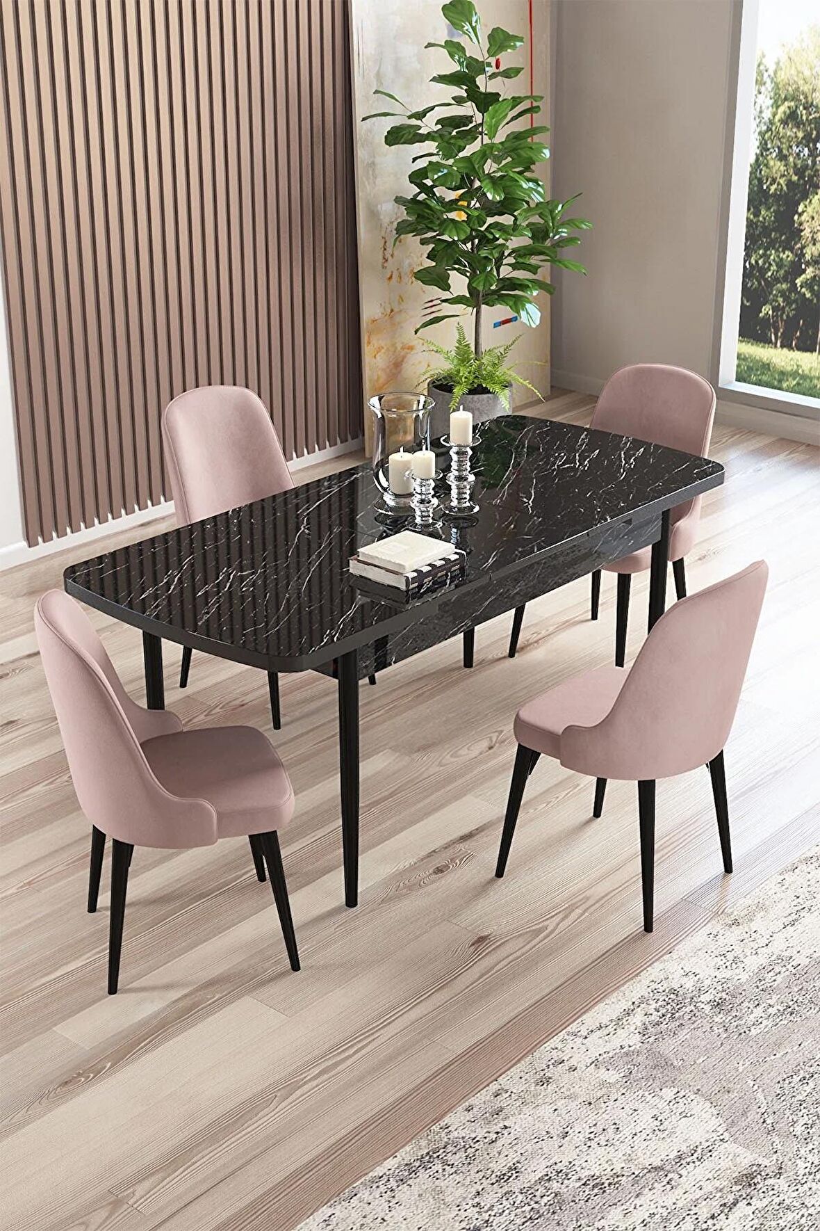 Rovena Armin Siyah Mermer 80x132 Açılabilir Mdf Mutfak Masası Takımı 4 Adet Sandalye