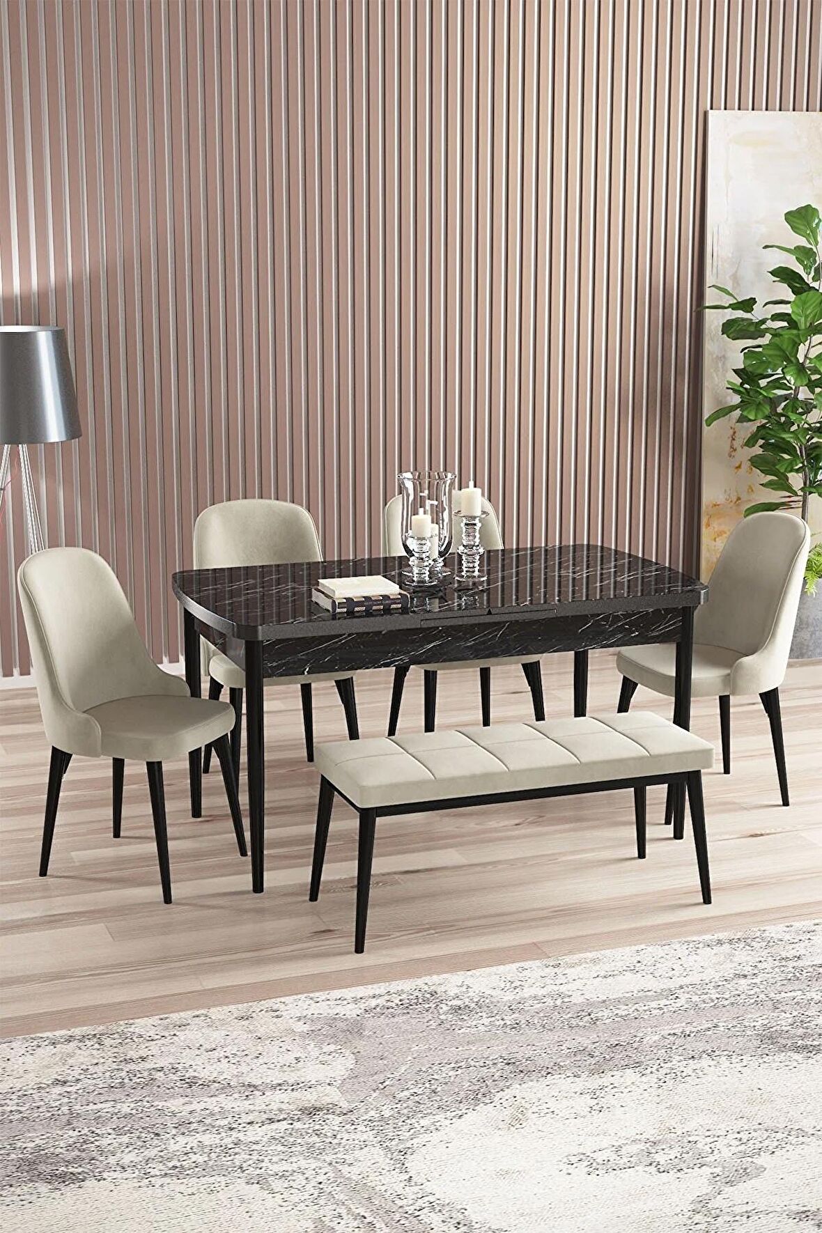 Rovena Armin Siyah Mermer 80x132 Açılabilir Mdf Mutfak Masası Takımı 4 Adet Sandalye+1 Bench