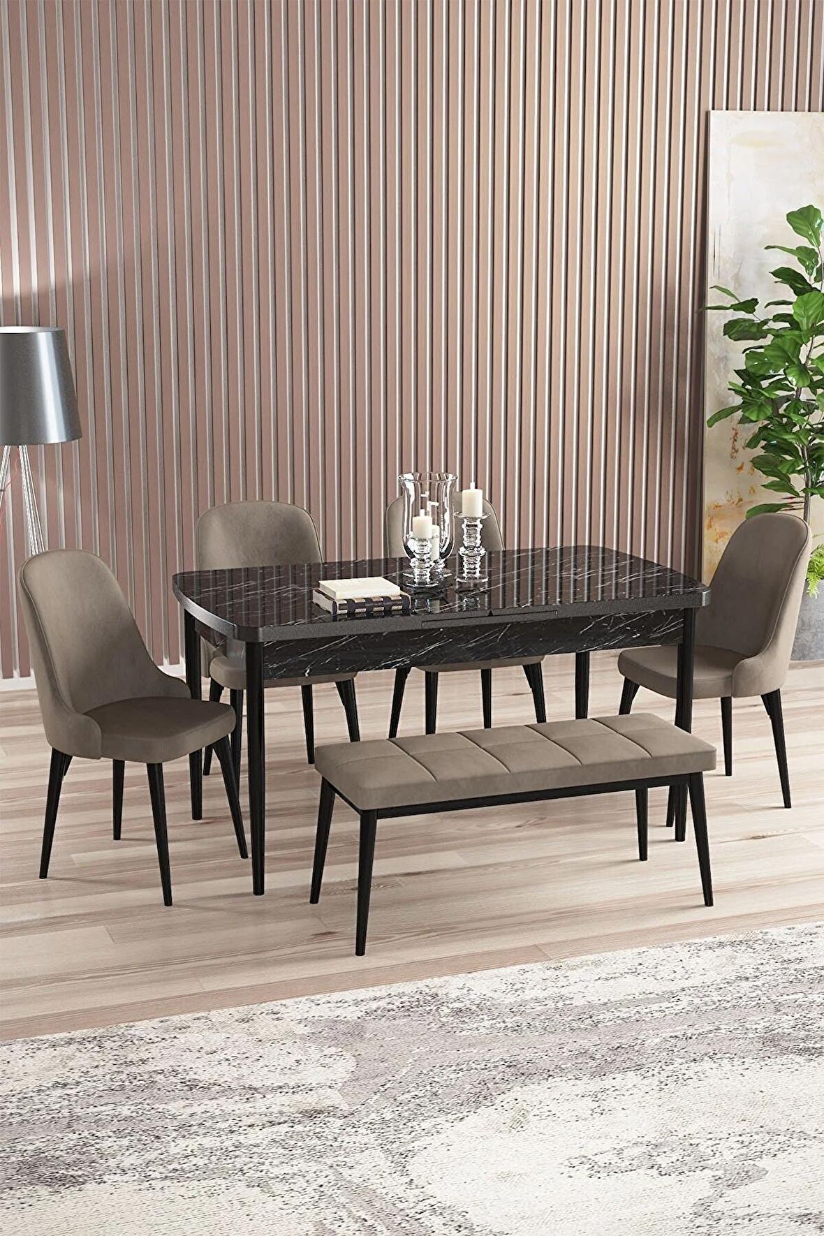 Rovena Armin Siyah Mermer 80x132 Açılabilir Mdf Mutfak Masası Takımı 4 Adet Sandalye+1 Bench