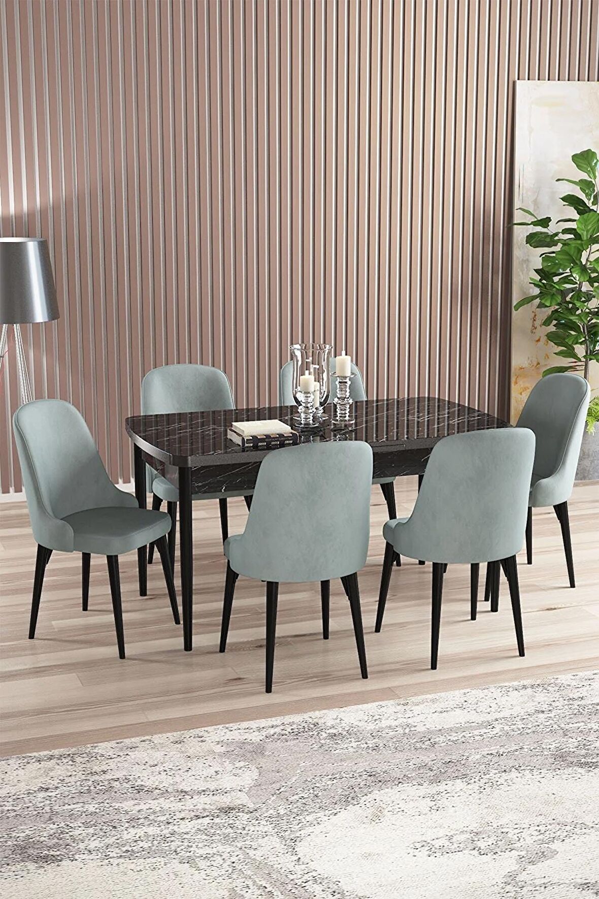 Rovena Armin Siyah Mermer 80x132 Açılabilir Mdf Mutfak Masası Takımı 6 Adet Sandalye
