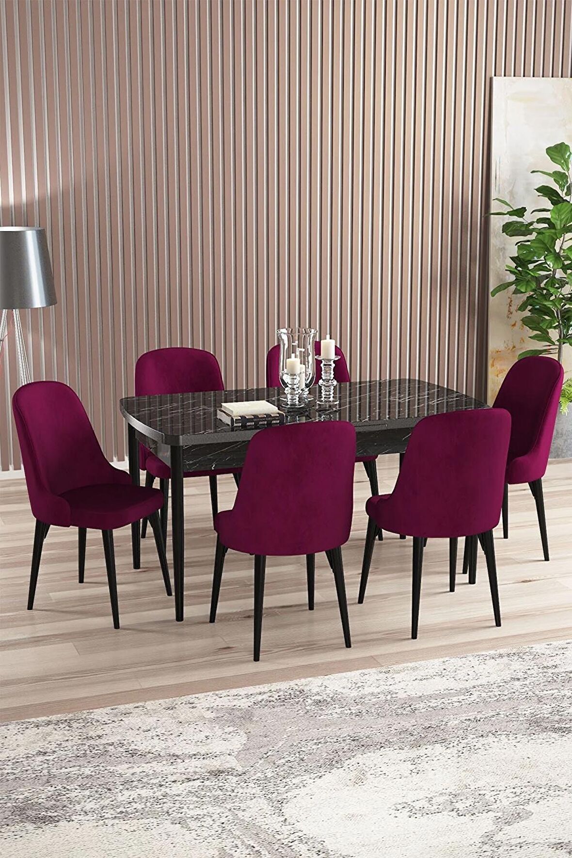 Rovena Armin Siyah Mermer 80x132 Açılabilir Mdf Mutfak Masası Takımı 6 Adet Sandalye