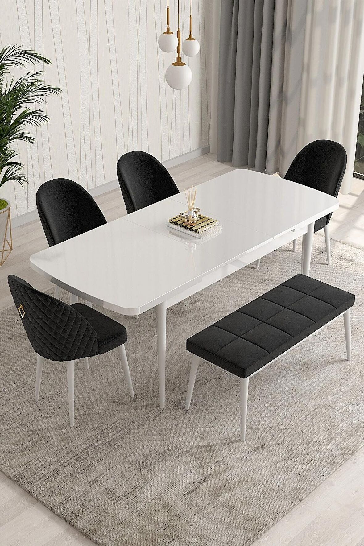 Rovena Arjeta Beyaz 80x132 Açılabilir Mdf Mutfak Masası Takımı 4 Adet Sandalye+1 Bench