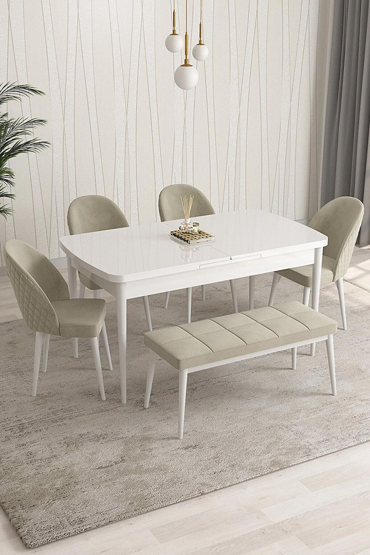 Rovena Arjeta Beyaz 80x132 Açılabilir Mdf Mutfak Masası Takımı 4 Adet Sandalye+1 Bench