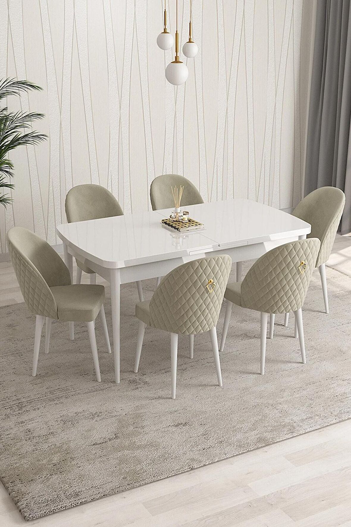 Rovena Arjeta Beyaz 80x132 Açılabilir Mdf Mutfak Masası Takımı 6 Adet Sandalye