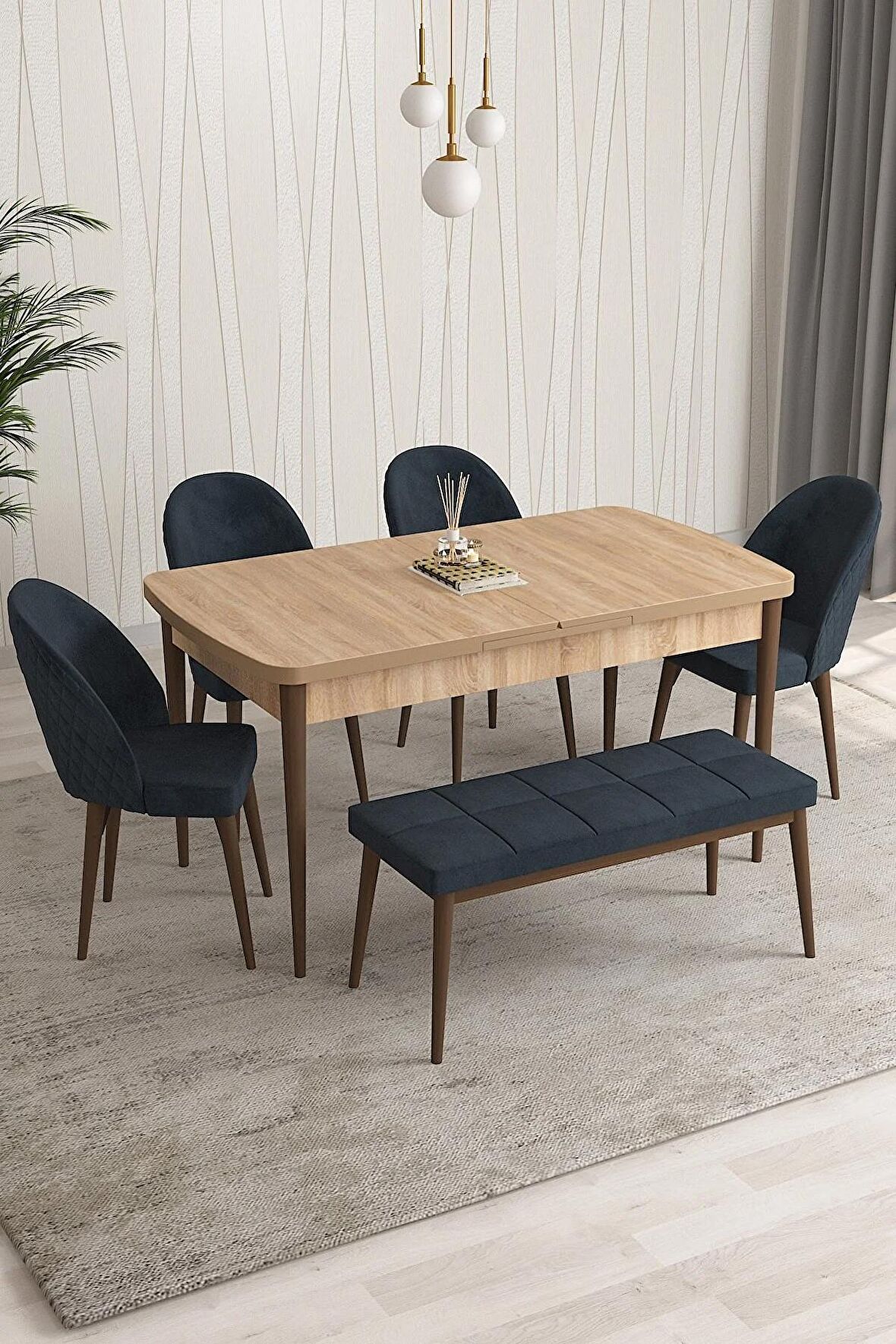 Rovena Arjeta Meşe 80x132 Açılabilir Mdf Mutfak Masası Takımı 4 Adet Sandalye+1 Bench