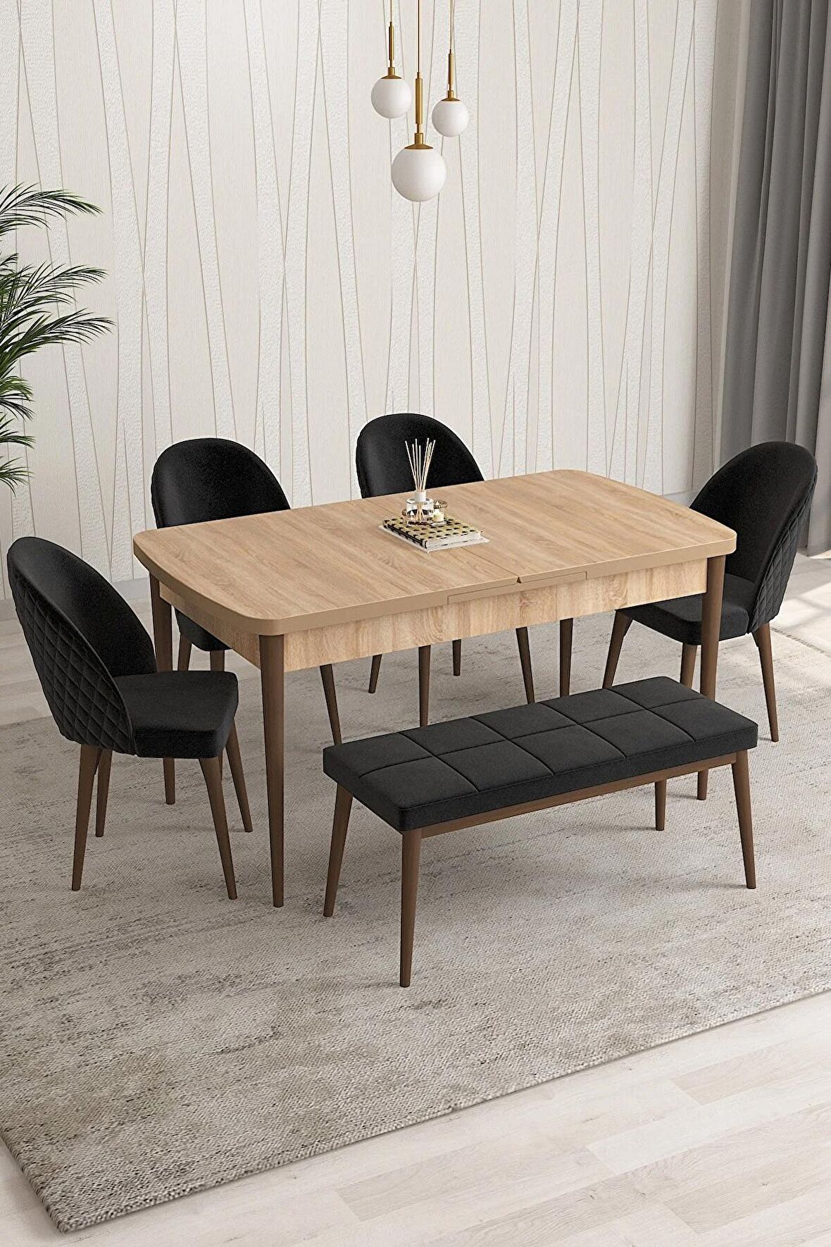 Rovena Arjeta Meşe 80x132 Açılabilir Mdf Mutfak Masası Takımı 4 Adet Sandalye+1 Bench