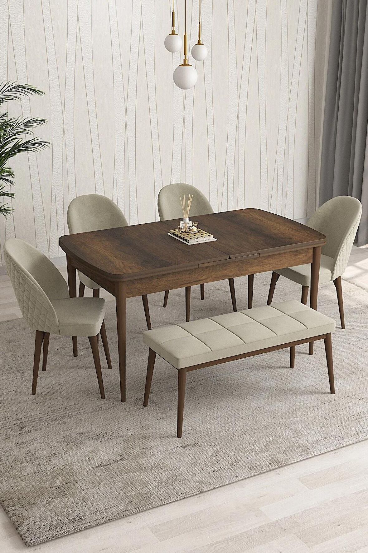 Rovena Arjeta Barok 80x132 Açılabilir Mdf Mutfak Masası Takımı 4 Adet Sandalye+1 Bench
