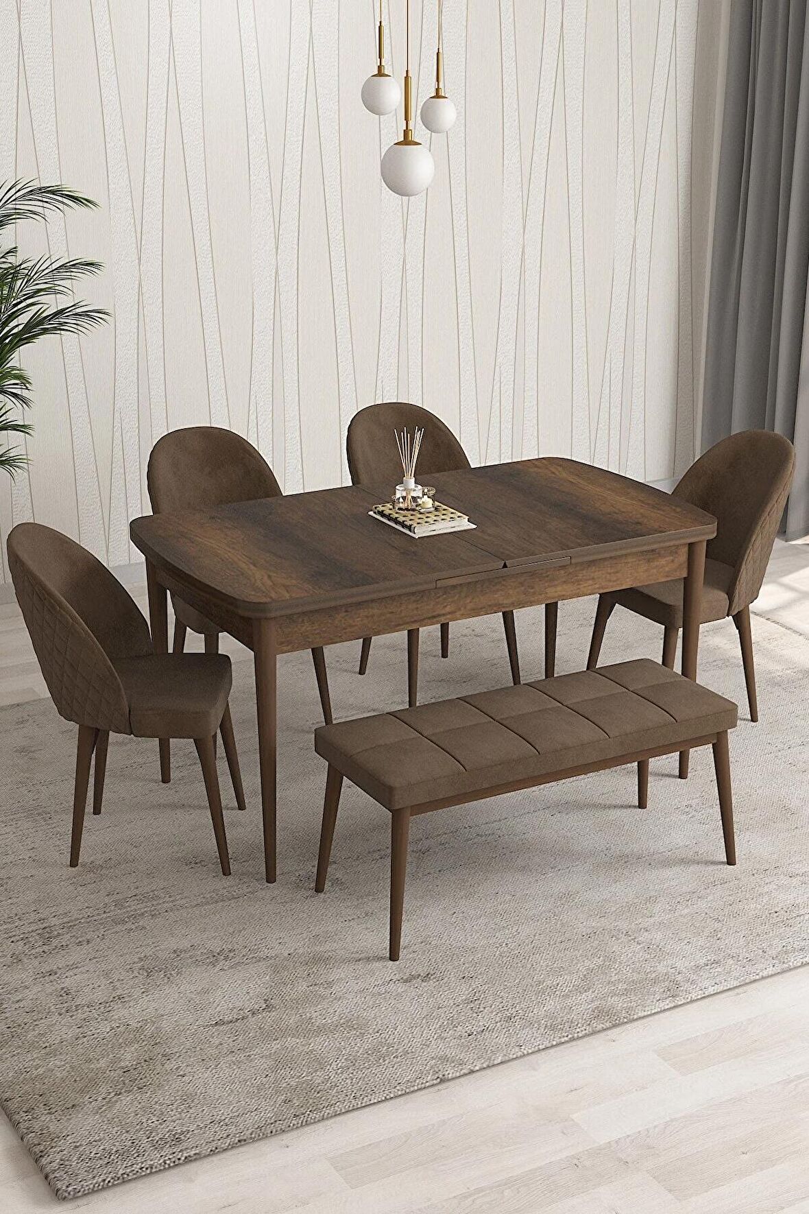 Rovena Arjeta Barok 80x132 Açılabilir Mdf Mutfak Masası Takımı 4 Adet Sandalye+1 Bench