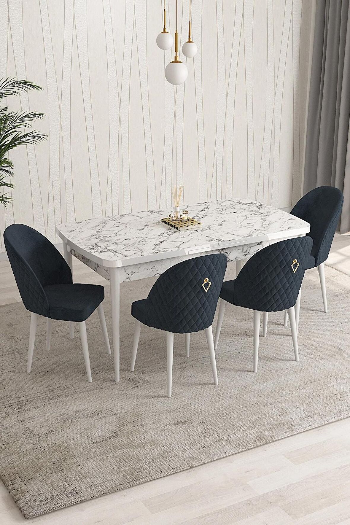 Rovena Arjeta Beyaz Mermer 80x132 Açılabilir Mdf Mutfak Masası Takımı 4 Adet Sandalye