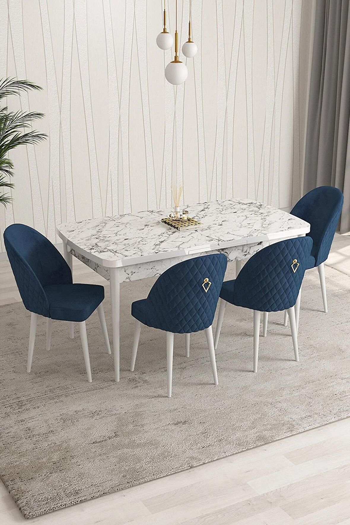 Rovena Arjeta Beyaz Mermer 80x132 Açılabilir Mdf Mutfak Masası Takımı 4 Adet Sandalye